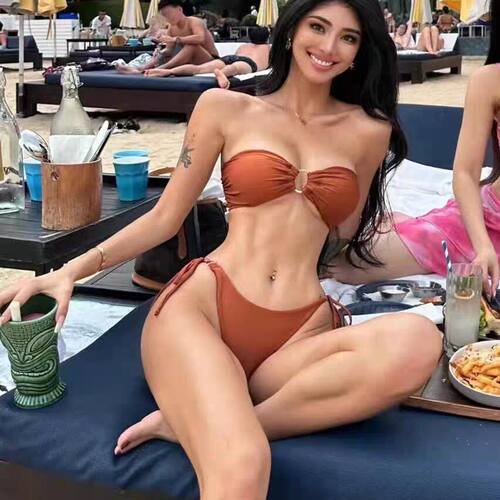 金棕咖比基尼抹胸沙滩性感泳装绑带超模肯豆金扣小众博主BIKINI