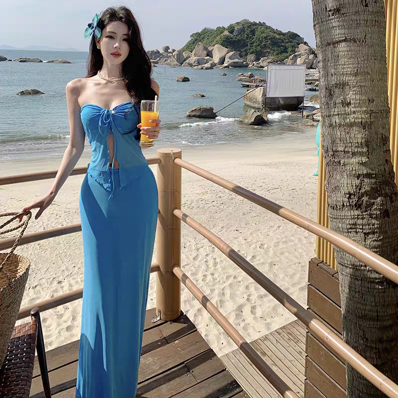 特价女韩抹胸蓝色长裙三角比基尼小胸性感三件套温泉带胸垫比基尼,运动/瑜伽/健身/球迷用品,比基尼,淘宝优惠券,粉丝福利购,淘宝优惠卷