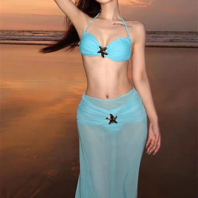 特价女游泳衣小胸蓝色性感分体三角比基尼温泉泳装长裙式三件套温