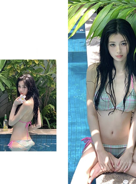 韩国格纹三点式比基尼性感聚拢显胸个性网红分体泳衣女度假bikini