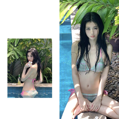 韩国格纹三点式比基尼性感聚拢显胸个性网红分体泳衣女度假bikini