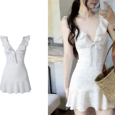 【甜糯千金】高级感荷叶边连体V领裙式露背泡温泉女士新款泳衣