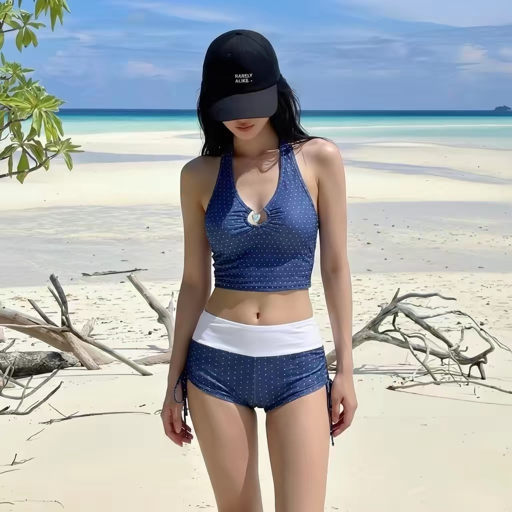 特价2026新款泳衣女分体平角裤高级感咖色波点度假温泉游泳衣保守图片