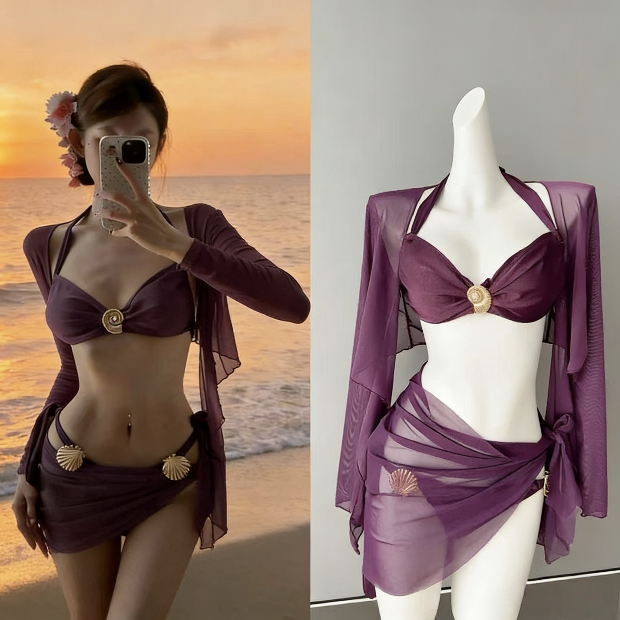 绝美紫色高级感分体比基尼四件套辣妹性感绑带海边度假温泉泳衣女