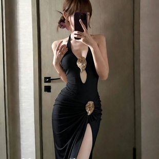 特价 游泳衣比基尼两件套遮肉显瘦性感深V度假 黑色高开衩连体裙式