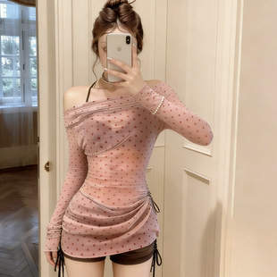 特价 泳衣女分体波点露肩性感比基尼三件套雪纺钢托聚拢度假风温泉