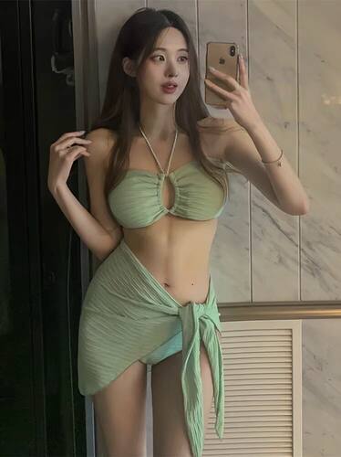 新款性感bikini三件套纱裙泳装欧美比基尼挂脖抹胸度假海边女泳衣