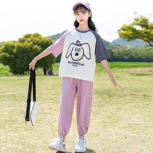 女童套装2026春夏新款运动休闲洋气纯棉夏装中大童短袖长裤两件套