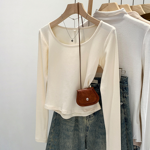杏色打底衫女春季内搭可外穿2026新款感圆领长袖T恤低领上衣0224w