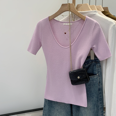 淡粉正肩V领修身短袖针织衫女2026夏季新款好看单穿上衣0317w