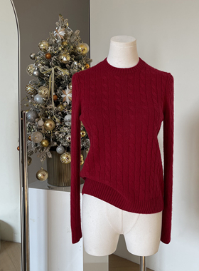 新年红色老钱风100%纯山羊绒衫秋冬季圆领麻花女装针织打底衫毛衣