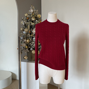 新年红色老钱风100%纯山羊绒衫秋冬季圆领麻花女装针织打底衫毛衣