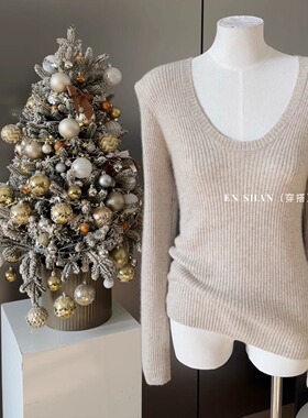 “奢享柔软”100%山羊绒衫U领修身显瘦针织打底衫女装秋冬季毛衣
