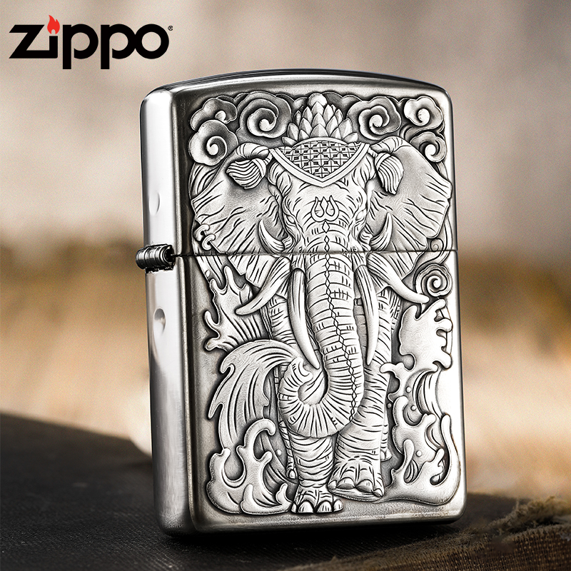 Zippo打火机六牙象王纯银官方旗舰正版盔甲浮雕煤油送长辈礼物
