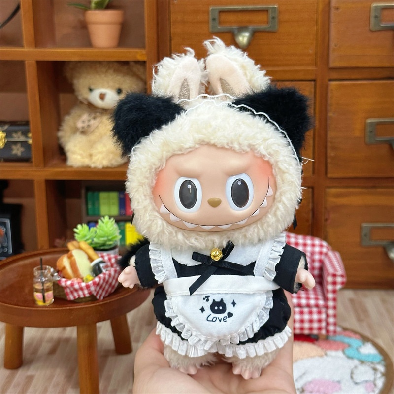拉布布娃衣搪胶17cm衣服labubu套装坐坐派对一二代猫咪小女仆