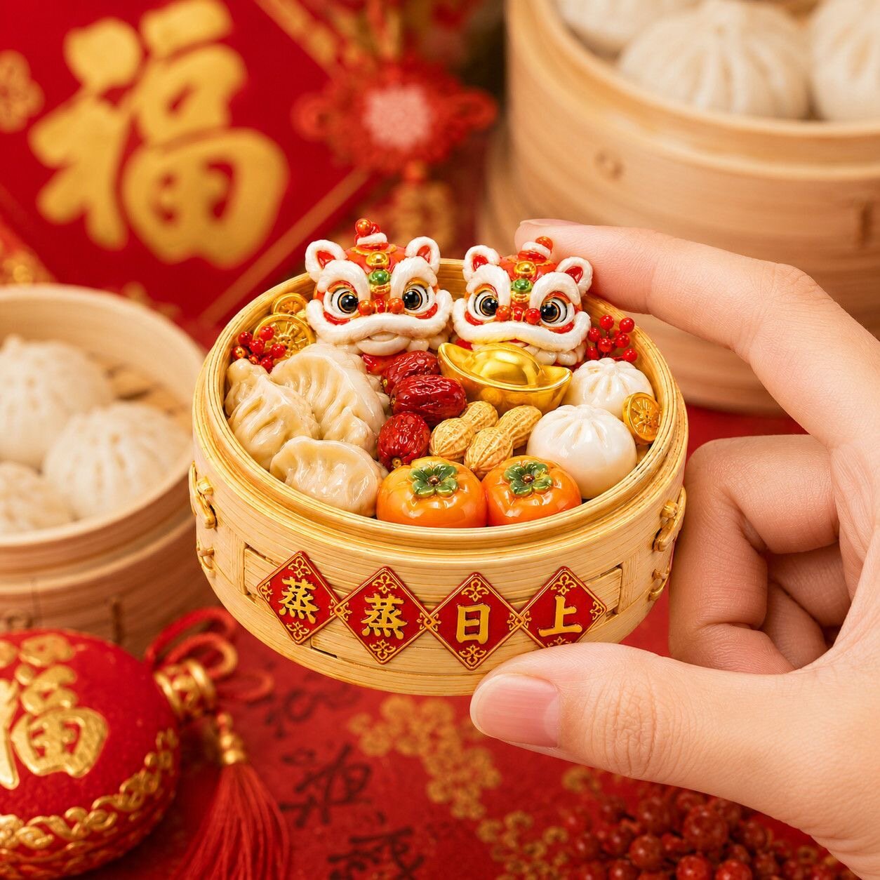 蒸蒸日上蒸笼醒狮浮雕冰箱贴新年民俗美食树脂磁吸贴春节文创礼品