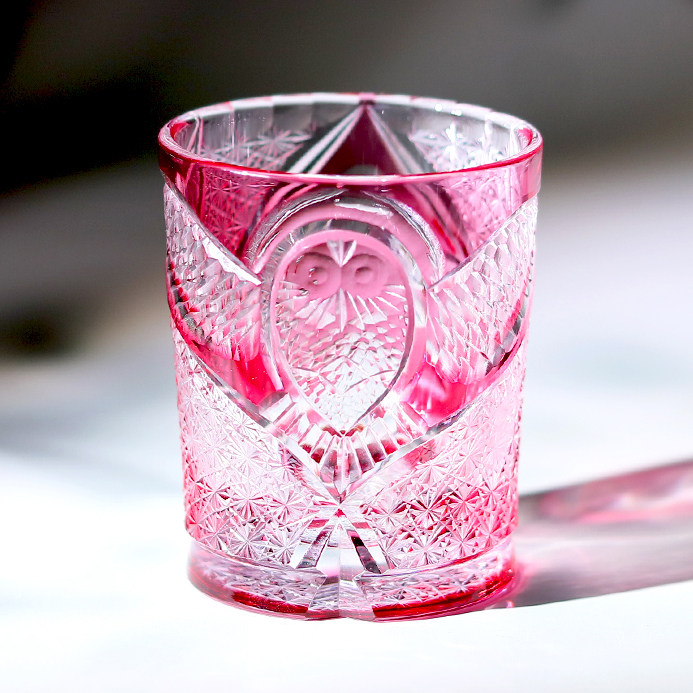 金致日式纯手工雕刻威士忌水晶玻璃酒杯金红猫头鹰私人定制礼物