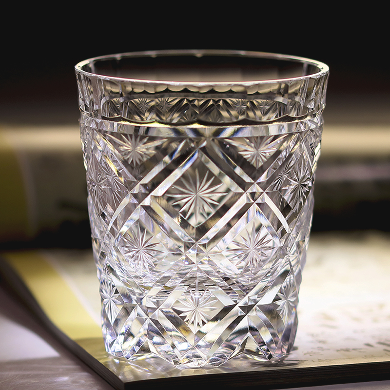 金致江户切子K9级威士忌高级感手工雕刻复古繁花无铅水晶玻璃酒杯