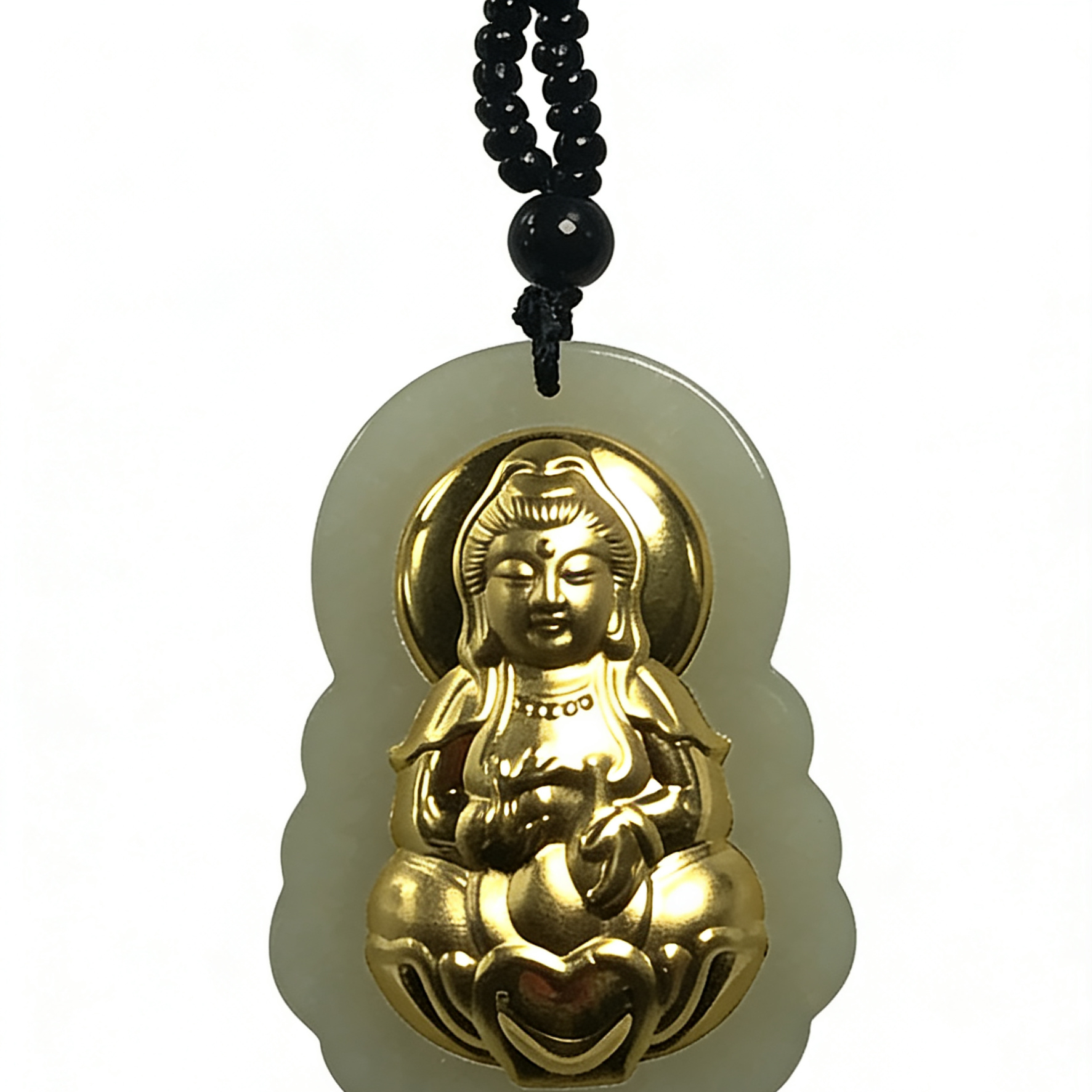 天然和田玉金镶玉大号观音吊坠