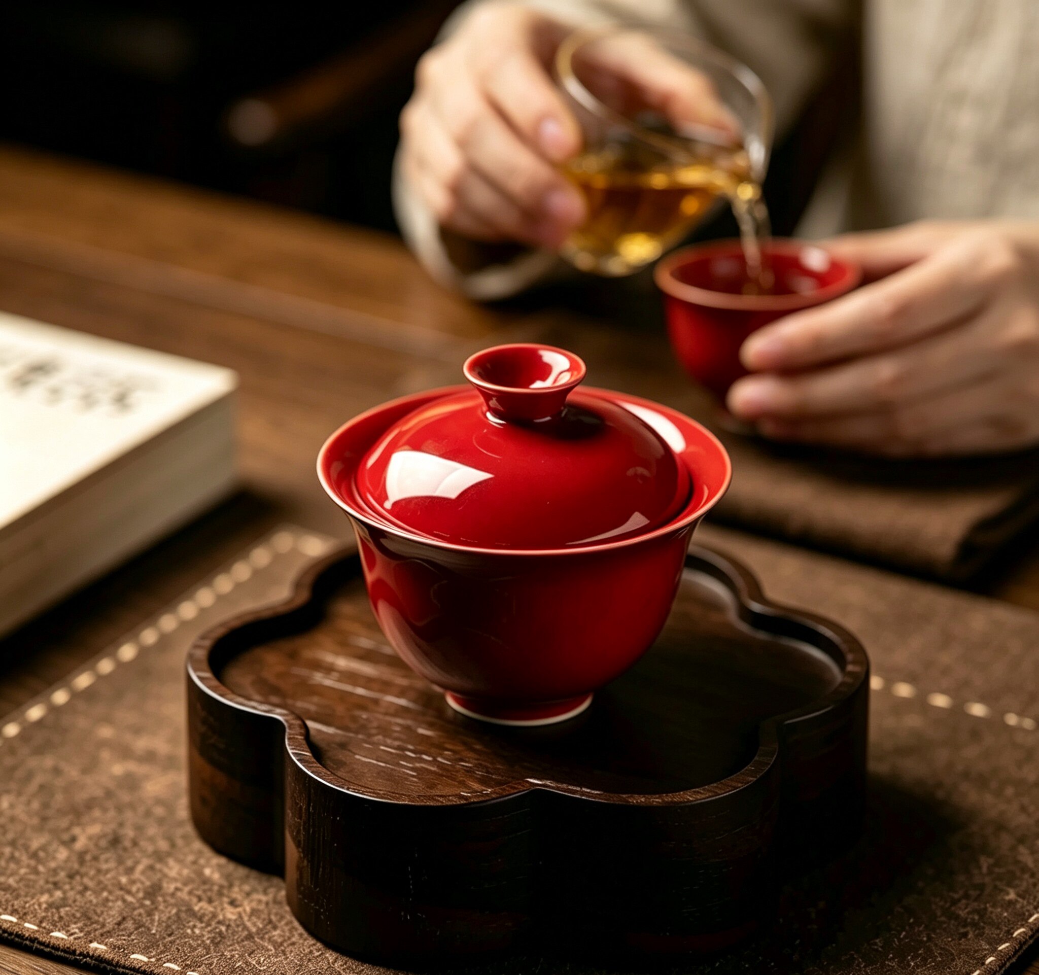 文涛窑二才盖碗家用陶瓷红色茶碗盖碗茶功夫茶杯茶具结婚泡茶茶碗
