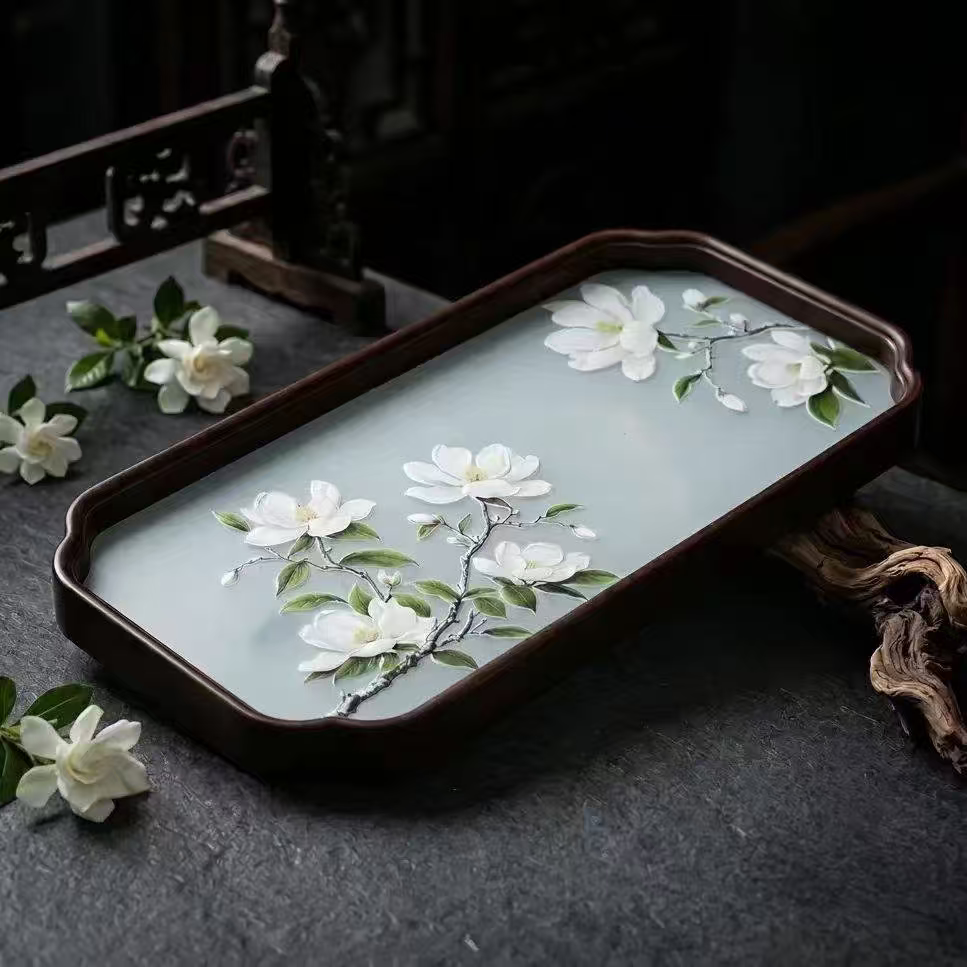 玉兰花浮雕玻璃茶盘中式干泡盘家用功夫茶具茶托壶承简