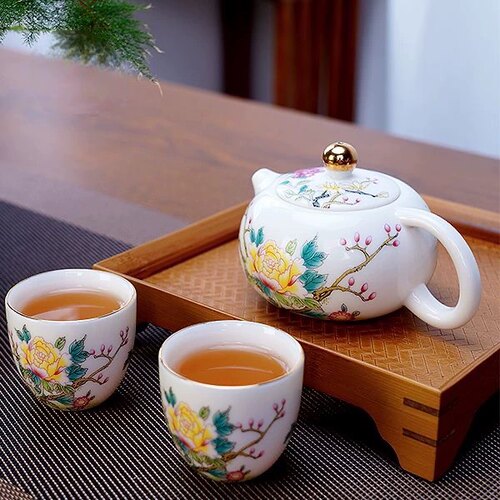 羊脂玉西施壶中式牡丹陶瓷泡茶壶单壶家用白瓷女士喝茶功夫茶具