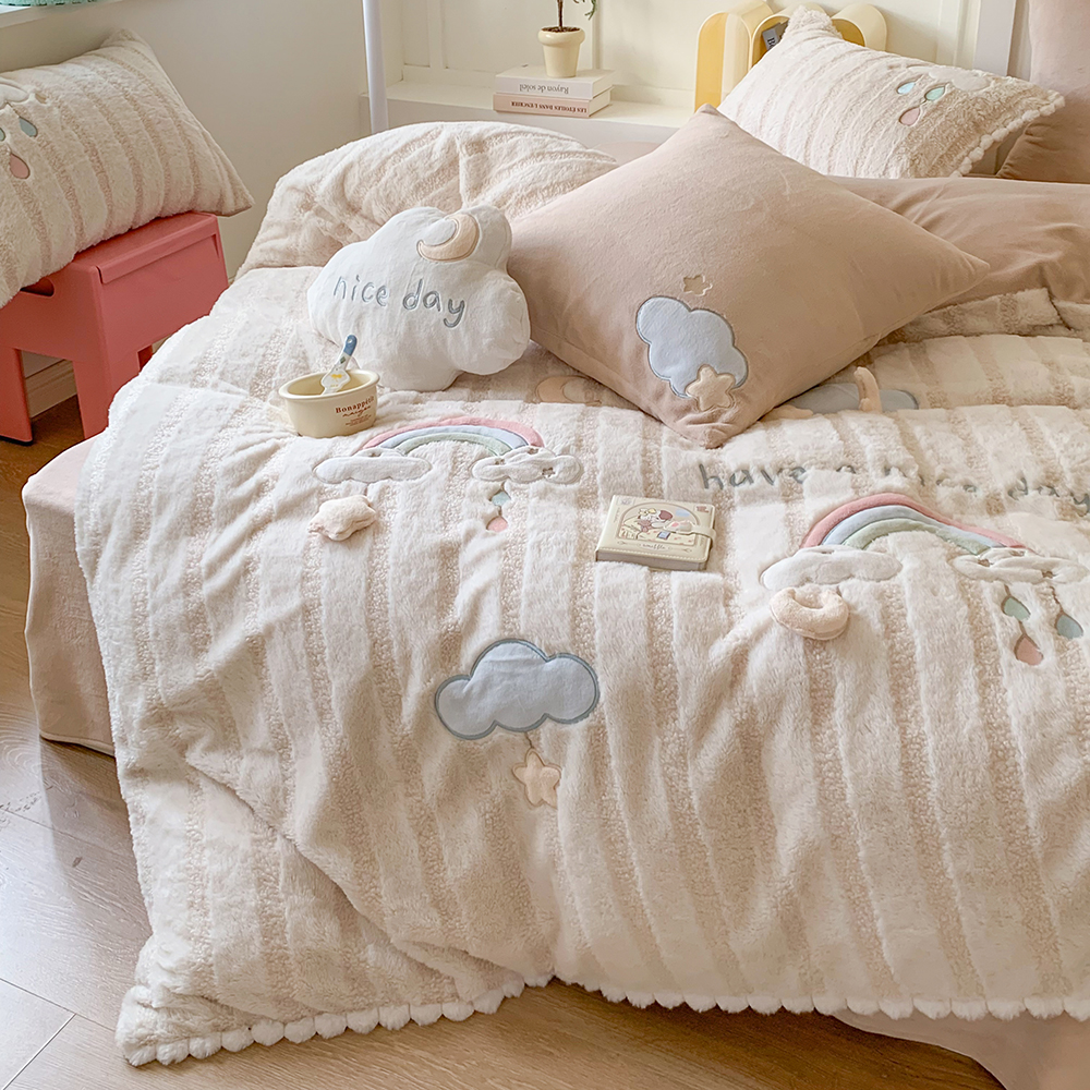 少女心冬季保暖兔毛绒四件套系彩虹牛奶绒被套加厚绒床上用品