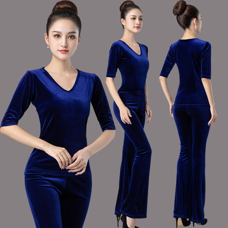 形体训练服女套装2021秋冬金丝绒v领长袖修身长裤蓝色舞蹈练功服
