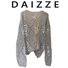 DAIZZE~高端春秋新款女装高级感穿搭上衣灰色亮片镂空长袖针织衫