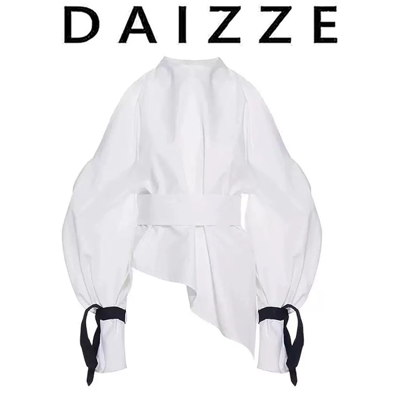 DAIZZE~法式气质长袖白色衬衫女春季新款高级感泡泡袖不规则上衣