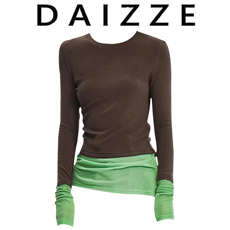 DAIZZE~秋冬新款时尚亲肤裸感撞色针织打底衫假两件长袖T恤女上衣