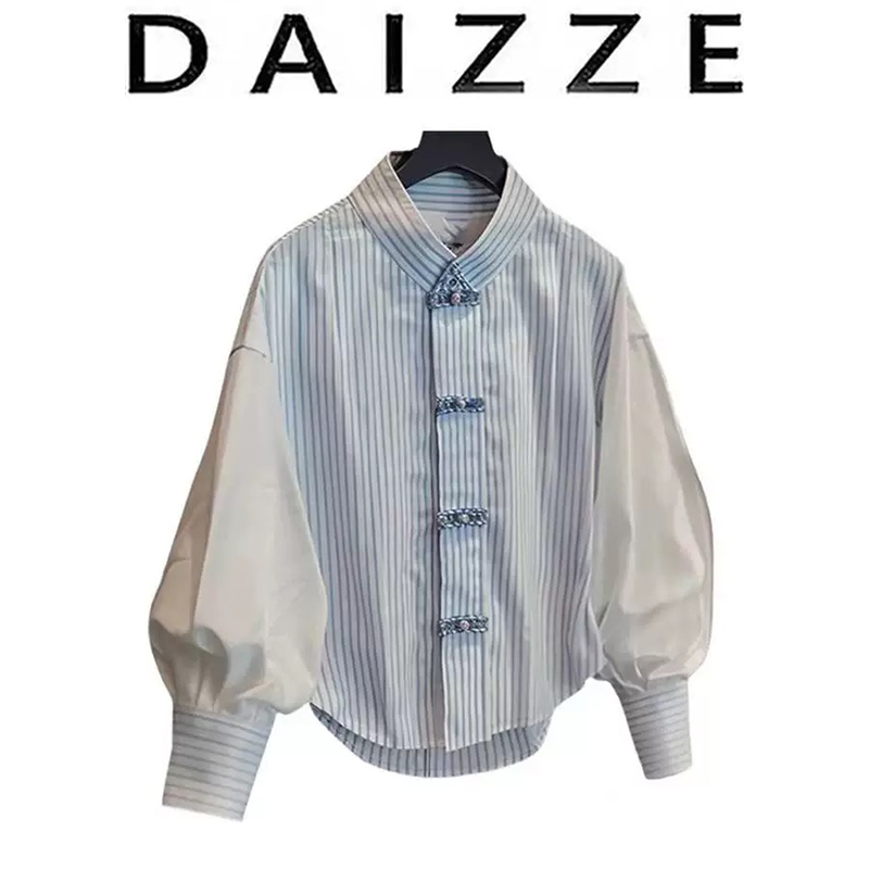 DAIZZE~国风设计感小众上衣女春新中式蓝条纹拼接灯笼袖Polo衬衫