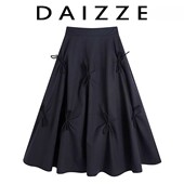 新款 DAIZZE 春夏季 百搭黑色松紧腰蝴蝶结设计A字半身裙女中裙高腰