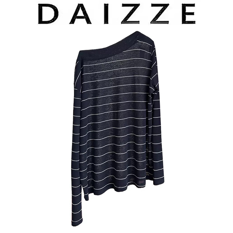 DAIZZE~秋新款休闲风松弛感斜肩多穿显瘦薄透条纹长袖T恤百搭上衣