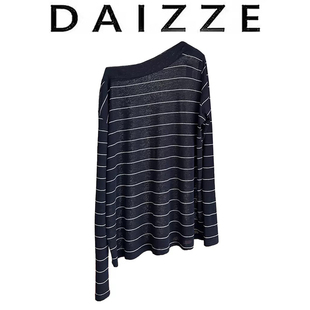 T恤百搭上衣 休闲风松弛感斜肩多穿显瘦薄透条纹长袖 DAIZZE 秋新款