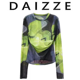 DAIZZE T恤女春秋新款 撞色防晒罩衫 上衣 设计感扎染冰丝画网纱长袖