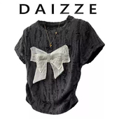 蝴蝶结灰色正肩短袖 修身 T恤女夏季 设计感短款 显瘦上衣 新款 DAIZZE