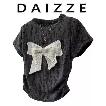 DAIZZE~蝴蝶结灰色正肩短袖T恤女夏季新款设计感短款修身显瘦上衣