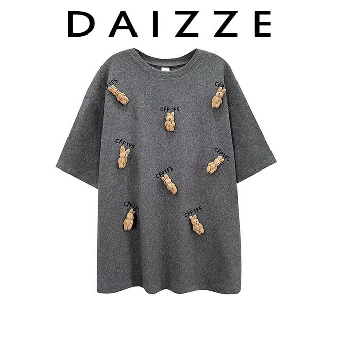 DAIZZE~2024夏季新款磨毛宽松圆领小兔子短袖上衣T恤减龄洋气ins