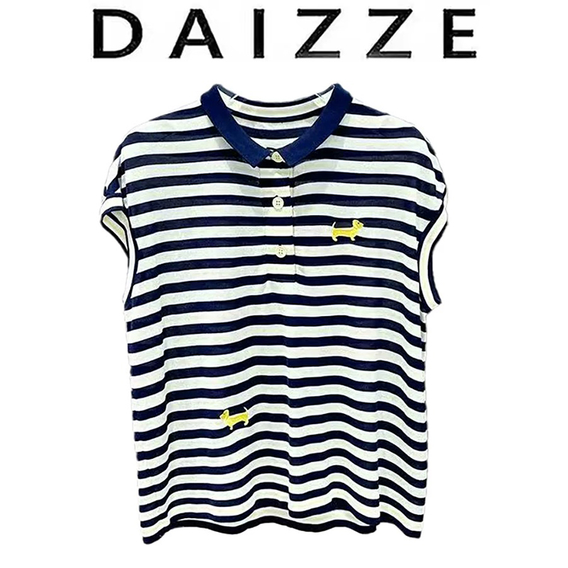 DAIZZE~polo领短袖t恤女2025夏季新款小狗刺绣条纹宽松设计感上衣