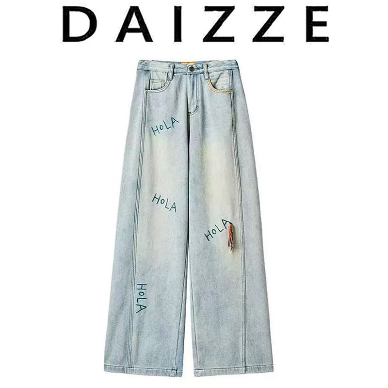 DAIZZE~沈梦辰同款手工刺绣蓝色牛仔裤女春季新款显瘦阔腿长裤子