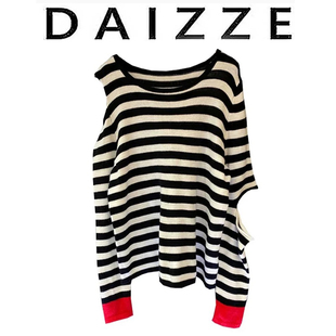 DAIZZE~长袖套头针织衫T恤女2025春秋季新款破洞镂空条纹拼色上衣