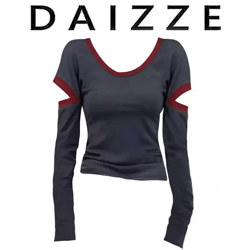 DAIZZE~春新款辣妹复古撞色U领长袖T恤上衣女修身显瘦镂空打底衫