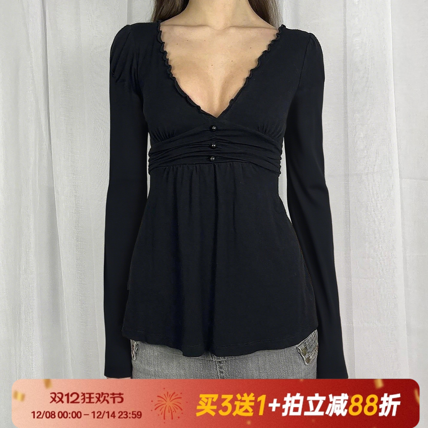 【美式复古】小众蕾丝V领长袖