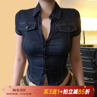 牛仔T恤衬衫 街头ins辣妹短袖 纽扣翻领显瘦上衣 复古丹宁 Amyway