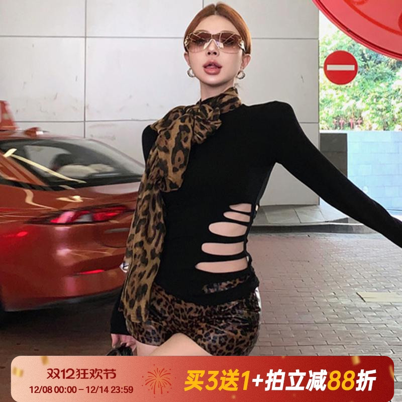 复古美式镂空长袖T恤黑色修身