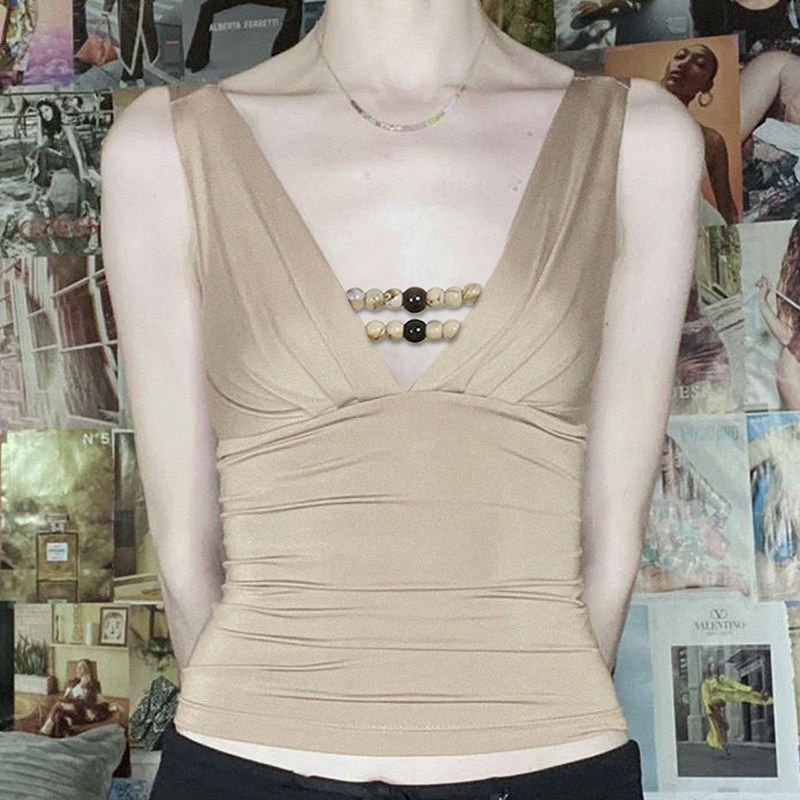 Amyway【古早辣妹】复古串珠小众设计感褶皱背心低领性感上衣女,女装/女士精品,背心吊带,淘宝优惠券,粉丝福利购,淘宝优惠卷