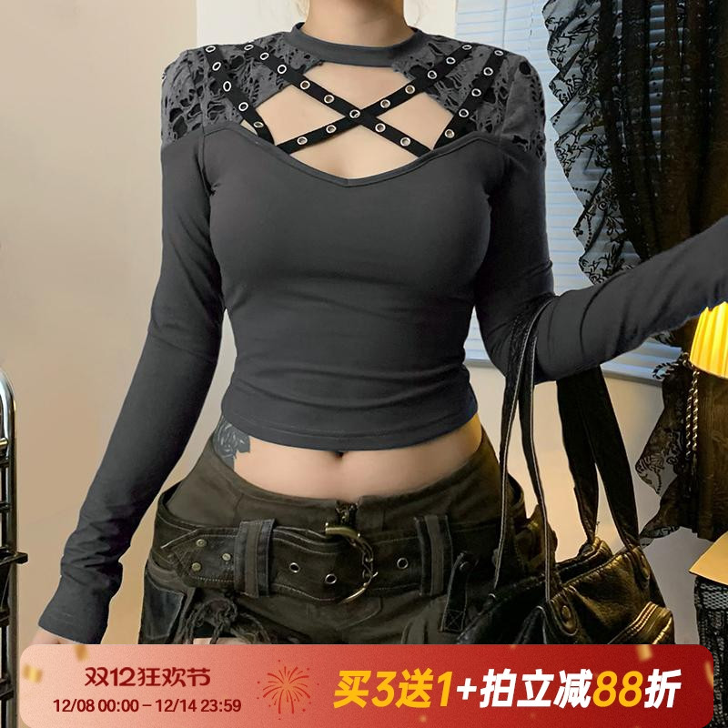 纯欲辣妹复古镂空修身打底衫