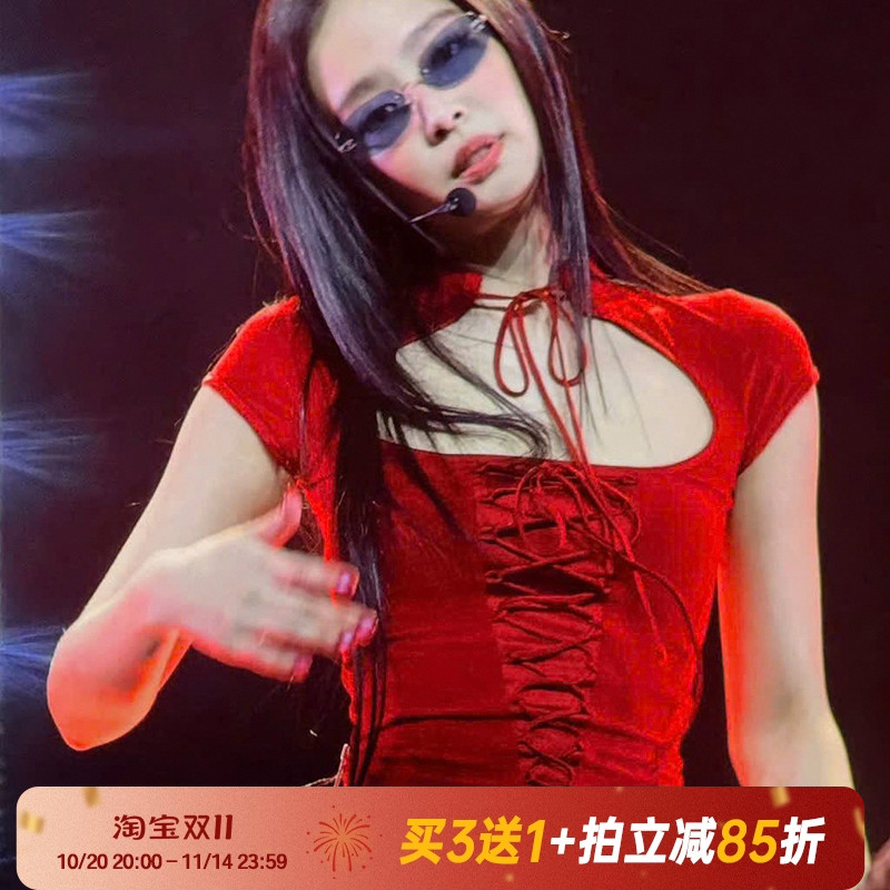 【jennie打歌服】复古红色短袖