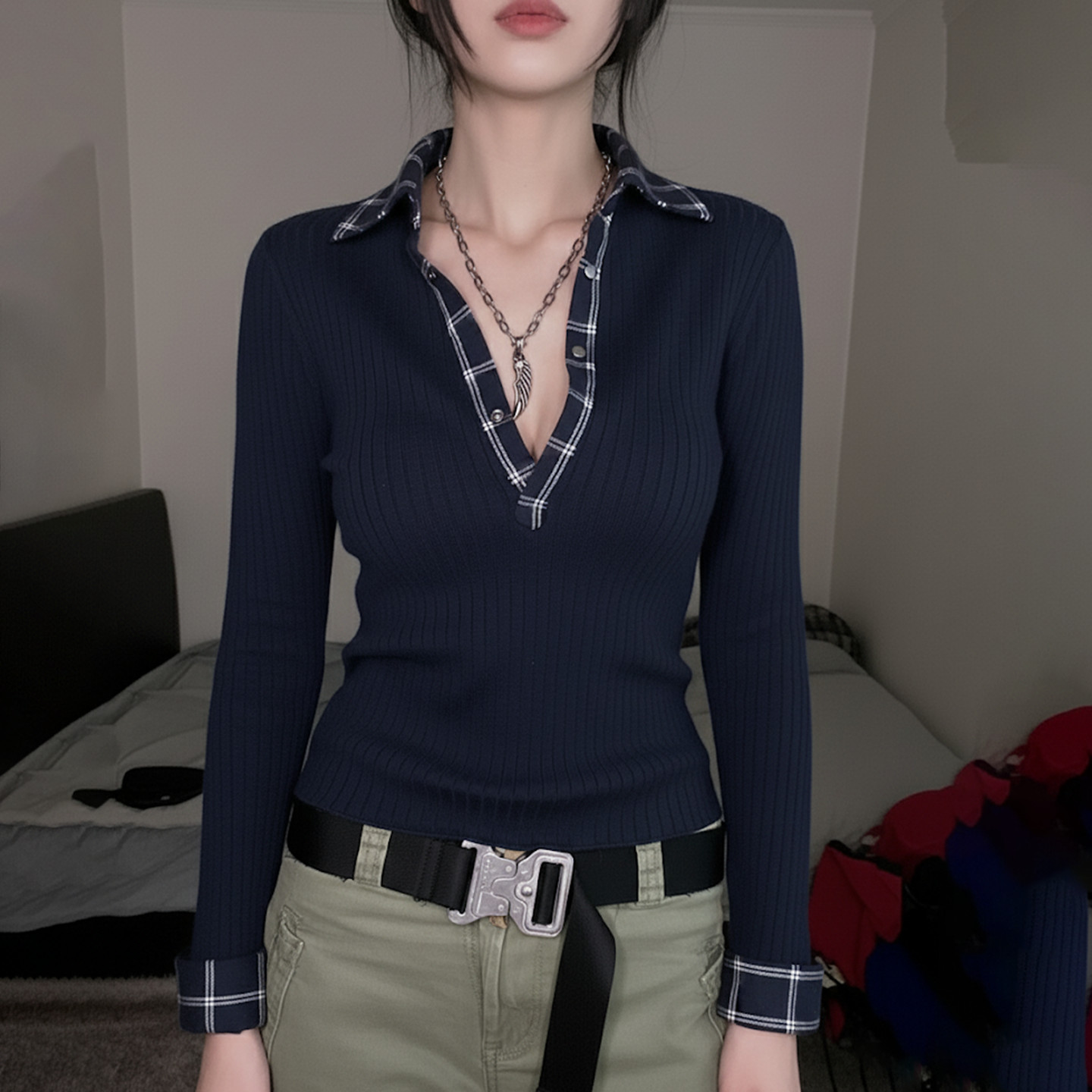 【美式辣妹】复古小众翻领长袖